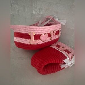 {2} Pink & Red 'Love' Fabric Basket with Red Ribbon Bows
